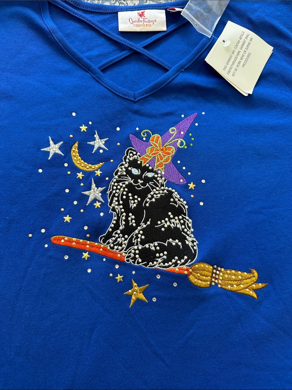 Quacker Factory Royal Blue Witch Cat Embroidered Top - Picture 3 of 8